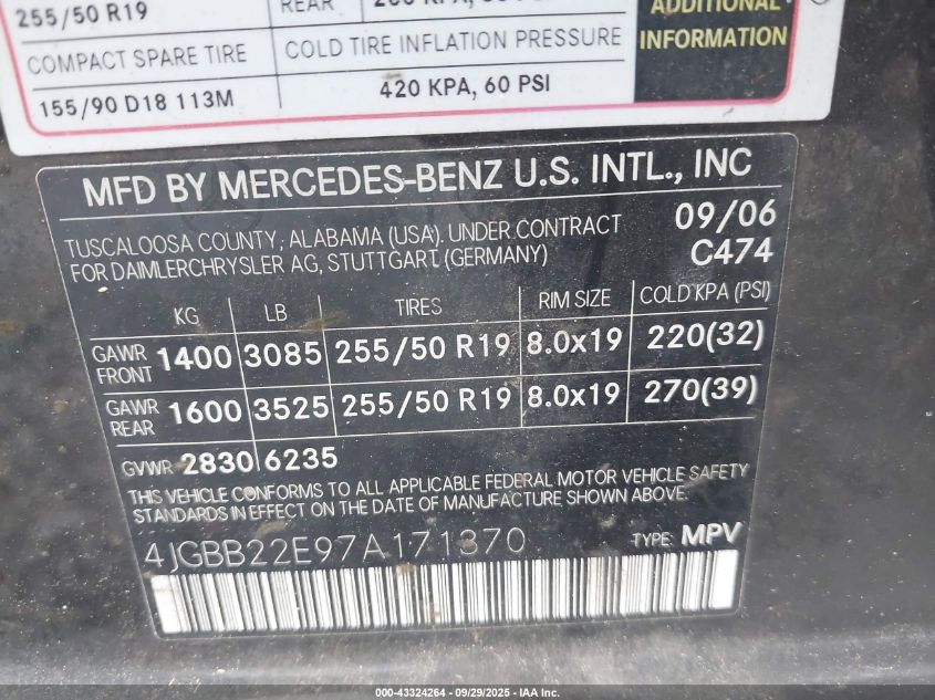 2007 Mercedes-Benz Ml 320 Cdi 4Matic VIN: 4JGBB22E97A171370 Lot: 43324264