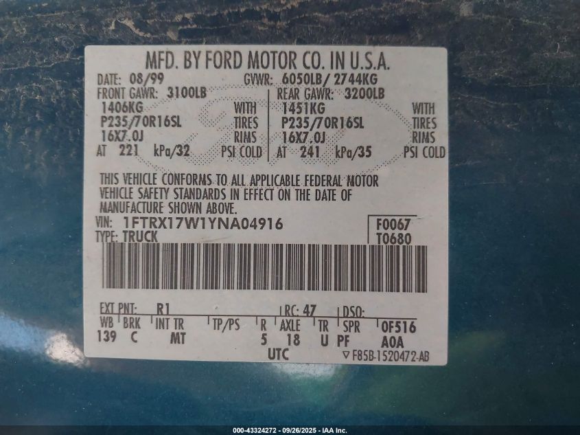 2000 Ford F-150 Lariat/Work Series/Xl/Xlt VIN: 1FTRX17W1YNA04916 Lot: 43324272