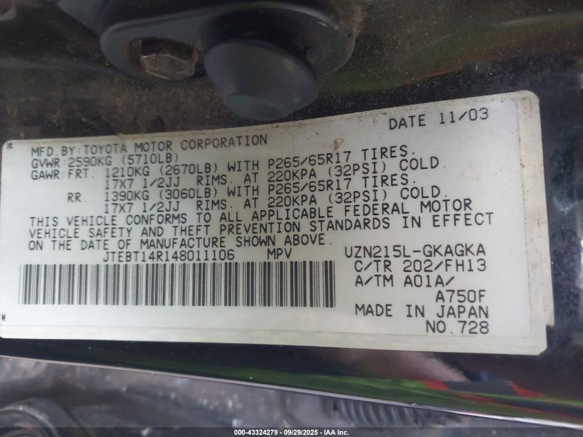 2004 Toyota 4Runner Sr5 Sport V8 VIN: JTEBT14R148011106 Lot: 43324279