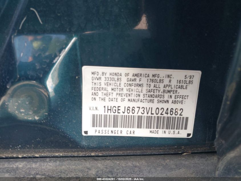 1997 Honda Civic Lx VIN: 1HGEJ6673VL024682 Lot: 43324281