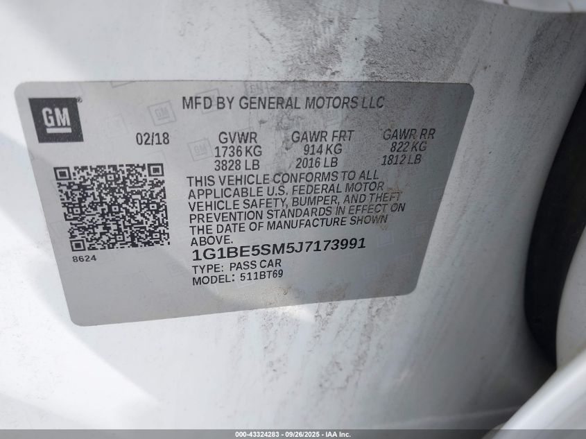 2018 Chevrolet Cruze Lt Auto VIN: 1G1BE5SM5J7173991 Lot: 43324283