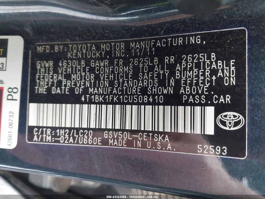 2012 Toyota Camry Se V6 VIN: 4T1BK1FK1CU508410 Lot: 43324288