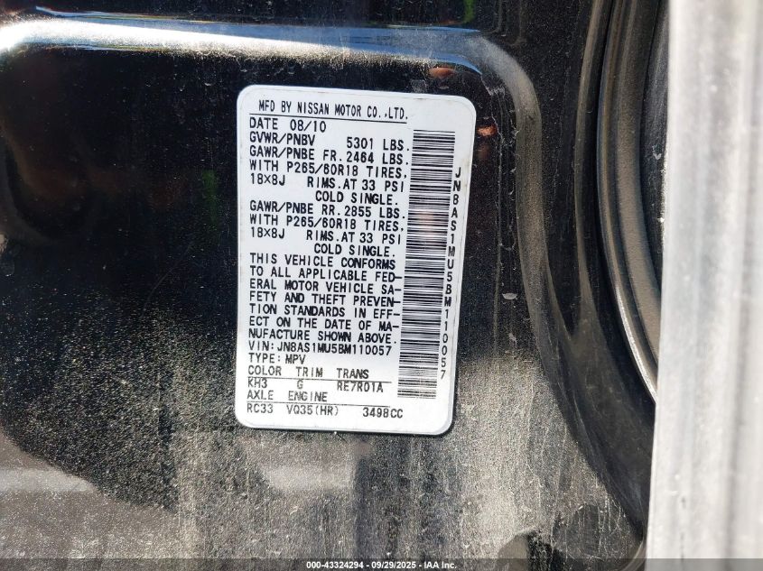 2011 Infiniti Fx35 VIN: JN8AS1MU5BM110057 Lot: 43324294