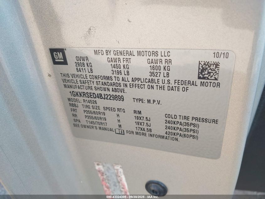 2011 GMC Acadia Slt-2 VIN: 1GKKRSED4BJ229899 Lot: 43324305