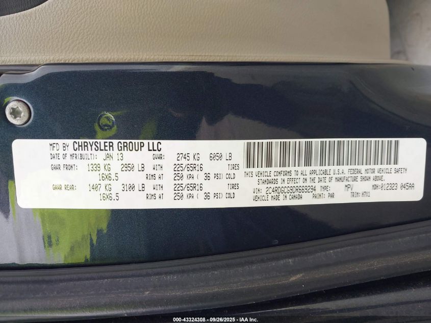 2013 Dodge Grand Caravan Sxt VIN: 2C4RDGCG9DR669294 Lot: 43324308