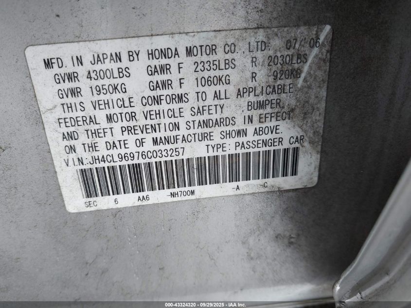 2006 Acura Tsx VIN: JH4CL96976C033257 Lot: 43324320