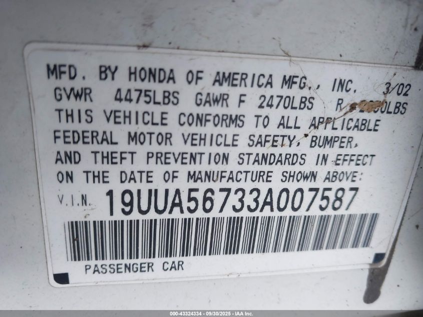 2003 Acura Tl 3.2 VIN: 19UUA56733A007587 Lot: 43324334