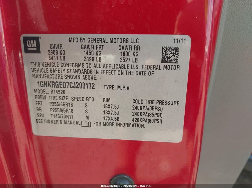 2012 Chevrolet Traverse 1Lt VIN: 1GNKRGED7CJ200172 Lot: 43324335