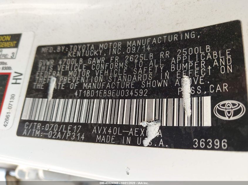 2014 Toyota Avalon Hybrid Xle Touring VIN: 4T1BD1EB9EU034592 Lot: 43324343