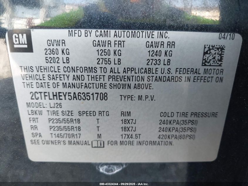 2010 GMC Terrain Slt-2 VIN: 2CTFLHEY5A6351708 Lot: 43324344