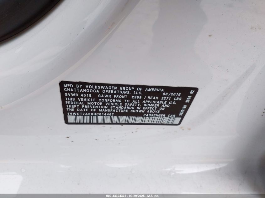 2017 Volkswagen Passat 1.8T Sel Premium VIN: 1VWCT7A3XHC014467 Lot: 43324375