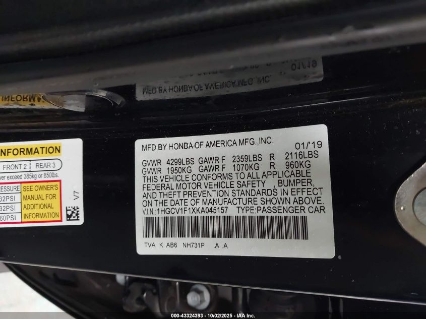 2019 Honda Accord Lx VIN: 1HGCV1F1XKA045157 Lot: 43324393