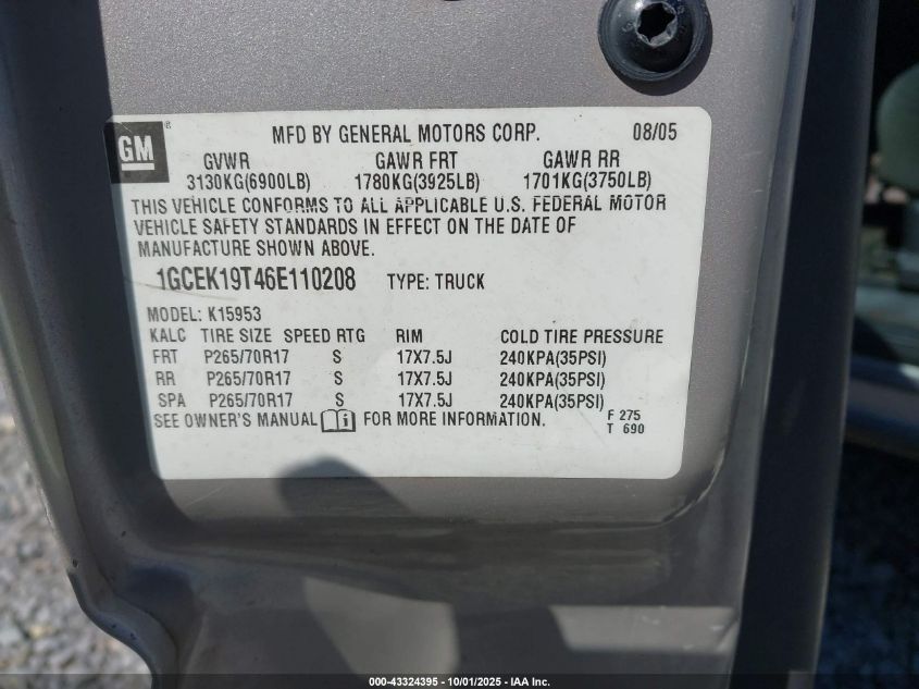 2006 Chevrolet Silverado 1500 Work Truck VIN: 1GCEK19T46E110208 Lot: 43324395