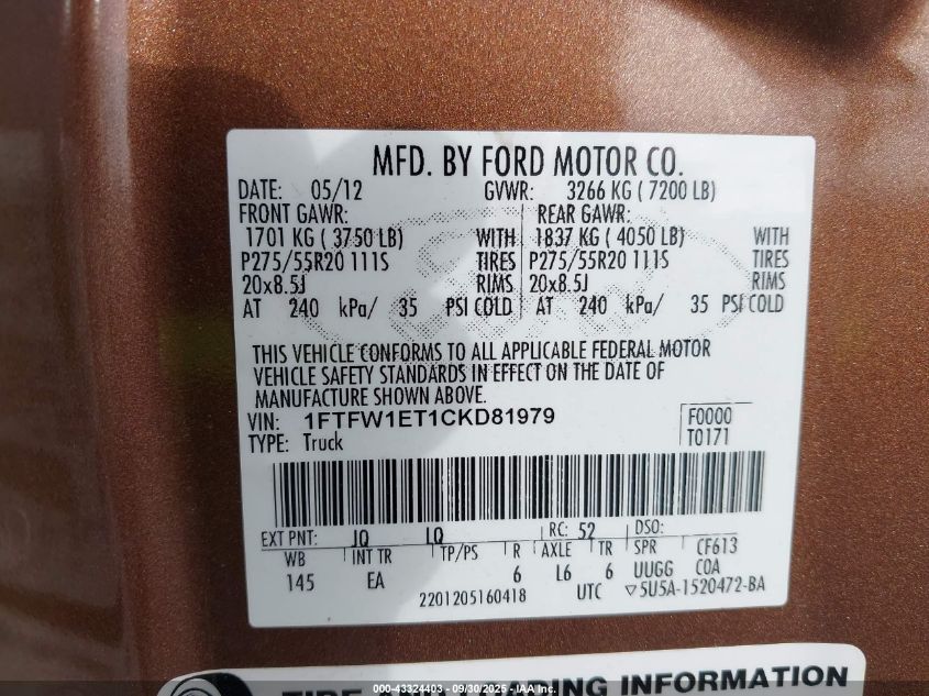 2012 Ford F-150 Lariat VIN: 1FTFW1ET1CKD81979 Lot: 43324403