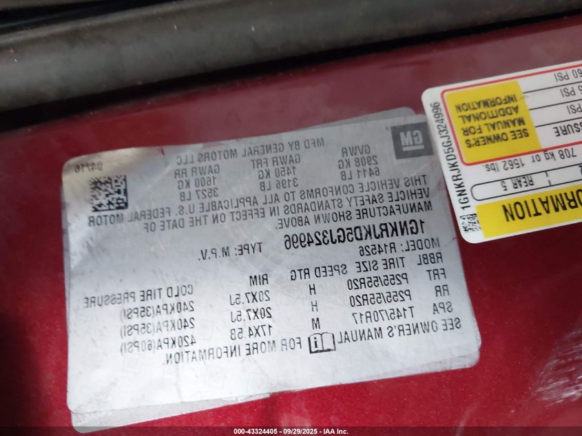 2016 Chevrolet Traverse Ltz VIN: 1GNKRJKD5GJ324996 Lot: 43324405