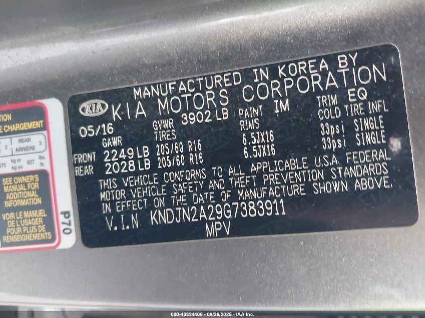 2016 Kia Soul VIN: KNDJN2A29G7383911 Lot: 43324406