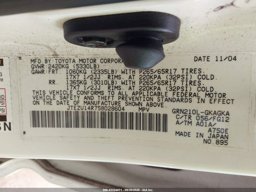 2005 Toyota 4Runner Sr5 V6 VIN: JTEZU14R758028604 Lot: 43324411