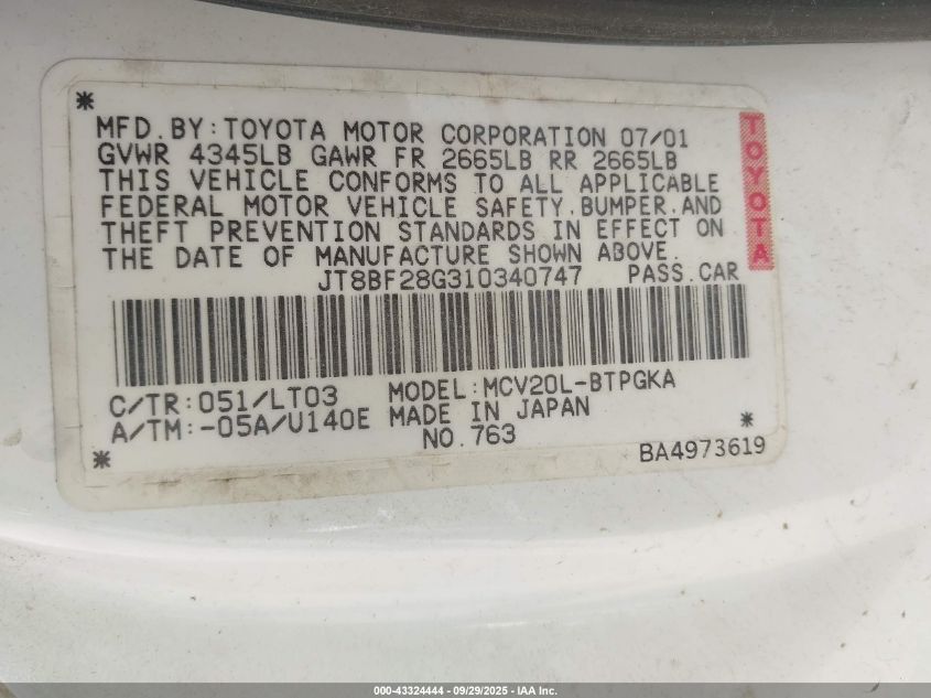 2001 Lexus Es 300 VIN: JT8BF28G310340747 Lot: 43324444