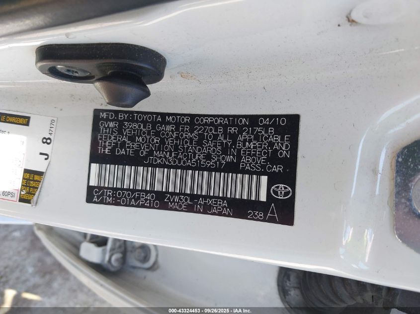 2010 Toyota Prius Iii VIN: JTDKN3DU0A5159517 Lot: 43324453