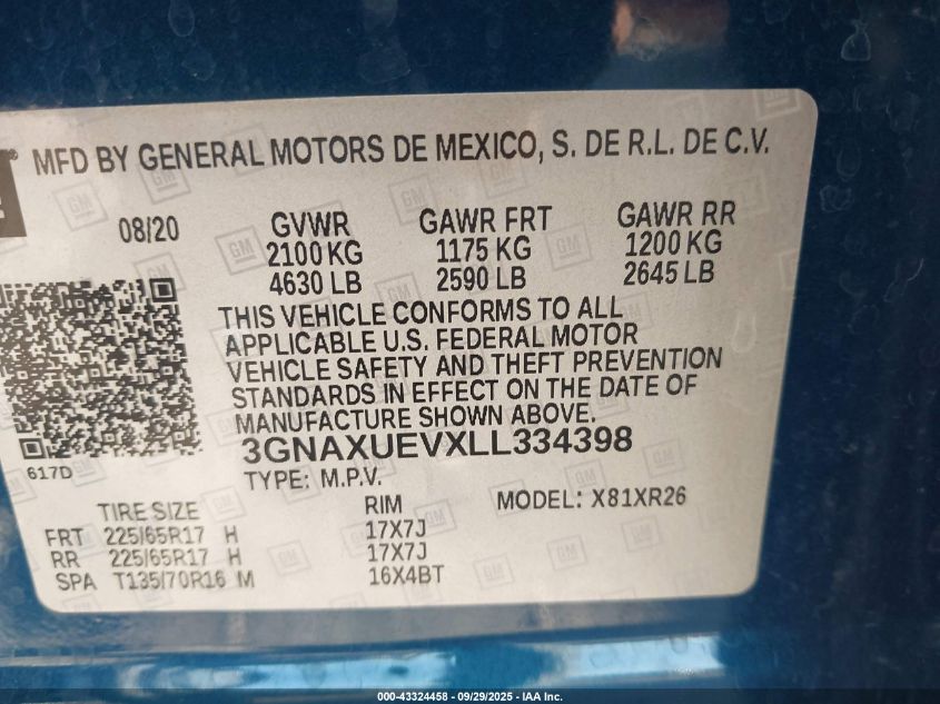 2020 Chevrolet Equinox Awd Lt 1.5L Turbo VIN: 3GNAXUEVXLL334398 Lot: 43324458