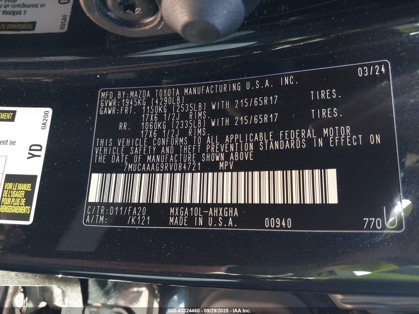 2024 Toyota Corolla Cross Le VIN: 7MUCAAAG9RV084721 Lot: 43324460