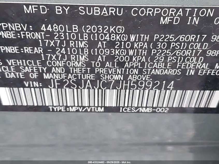 2018 Subaru Forester 2.5I Limited VIN: JF2SJAJC7JH599214 Lot: 43324463
