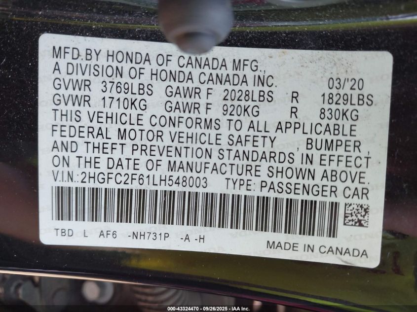 2020 Honda Civic Lx VIN: 2HGFC2F61LH548003 Lot: 43324470