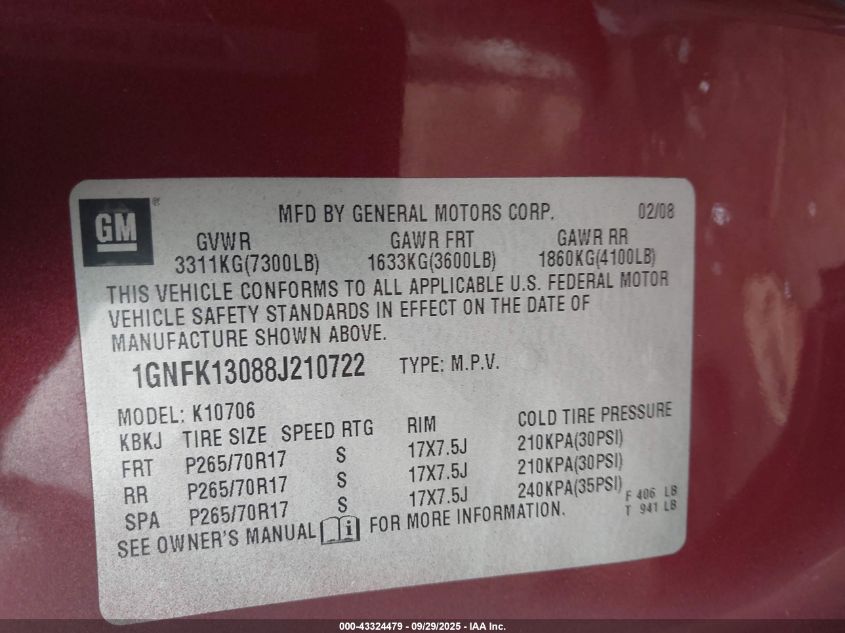 2008 Chevrolet Tahoe Lt VIN: 1GNFK13088J210722 Lot: 43324479