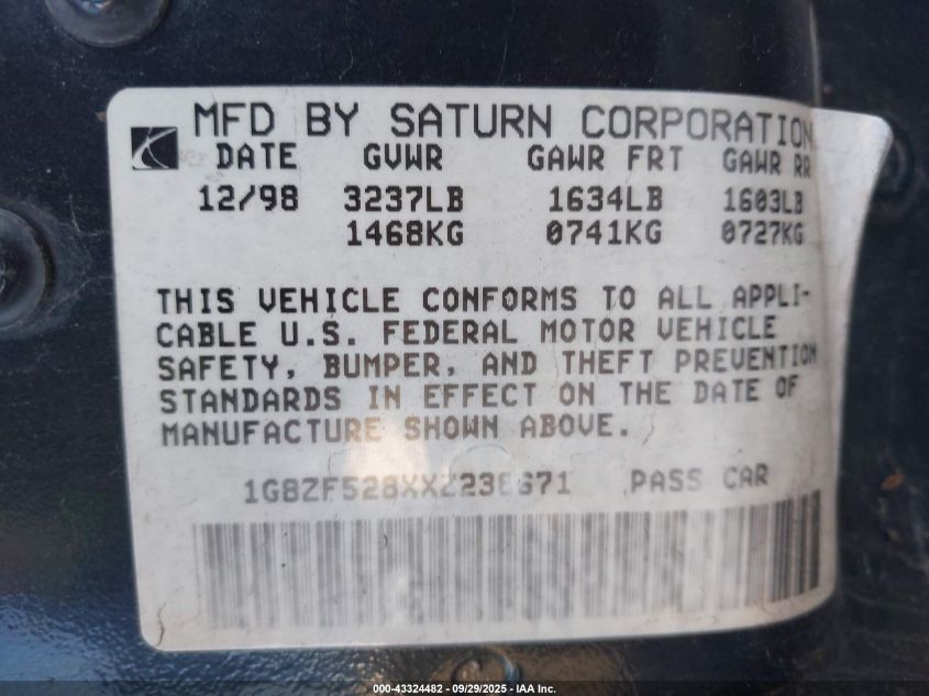 1999 Saturn Sl VIN: 1G8ZF528XXZ238671 Lot: 43324482
