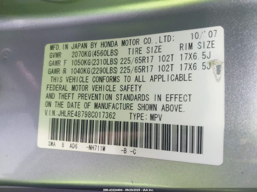 2008 Honda Cr-V Ex-L VIN: JHLRE48798C017362 Lot: 43324484