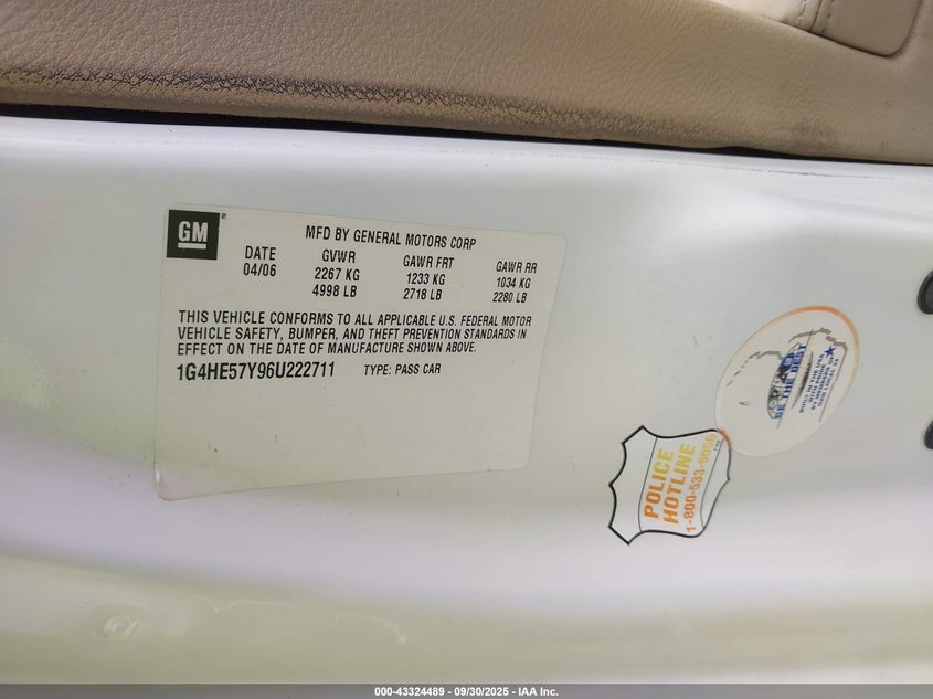 2006 Buick Lucerne Cxs VIN: 1G4HE57Y96U222711 Lot: 43324489