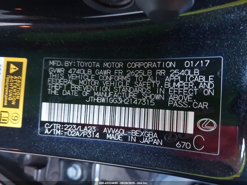 2017 LEXUS ES 300H JTHBW1GG3H2147315