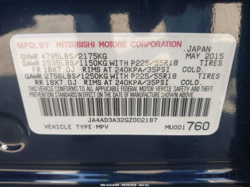 2016 Mitsubishi Outlander Se/Sel VIN: JA4AD3A32GZ002187 Lot: 43324499