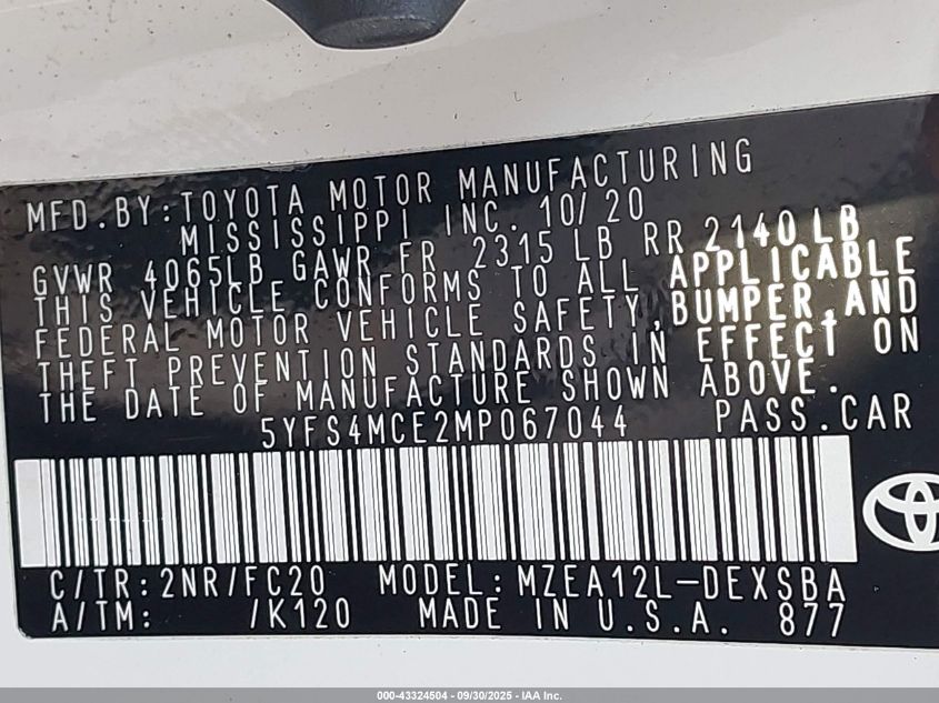 2021 Toyota Corolla Se VIN: 5YFS4MCE2MP067044 Lot: 43324504