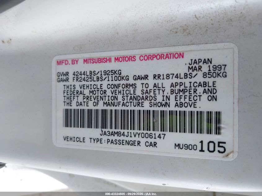 1997 Mitsubishi 3000 Gt Sl VIN: JA3AM84J1VY006147 Lot: 43324505