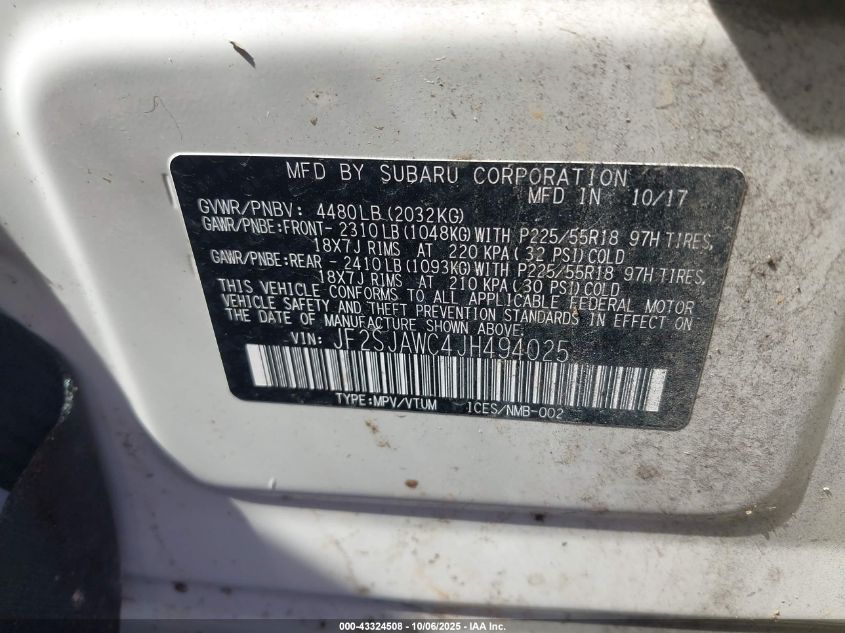 2018 Subaru Forester 2.5I Touring VIN: JF2SJAWC4JH494025 Lot: 43324508