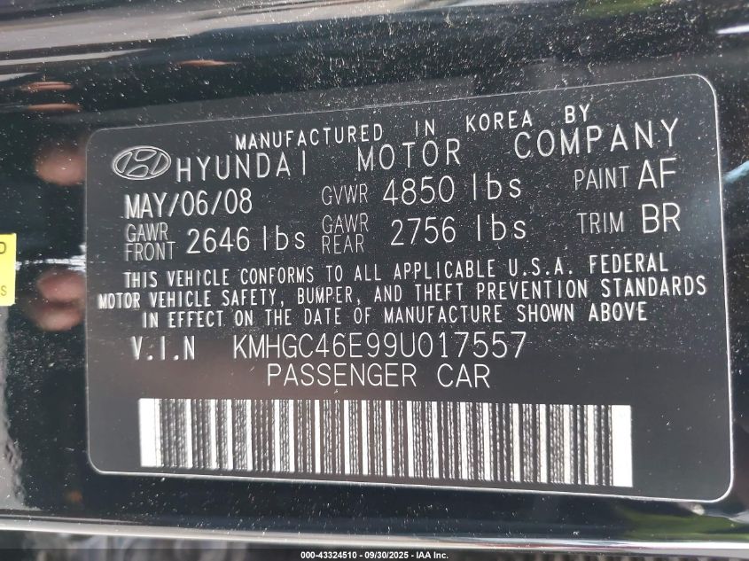 2009 Hyundai Genesis 3.8 VIN: KMHGC46E99U017557 Lot: 43324510