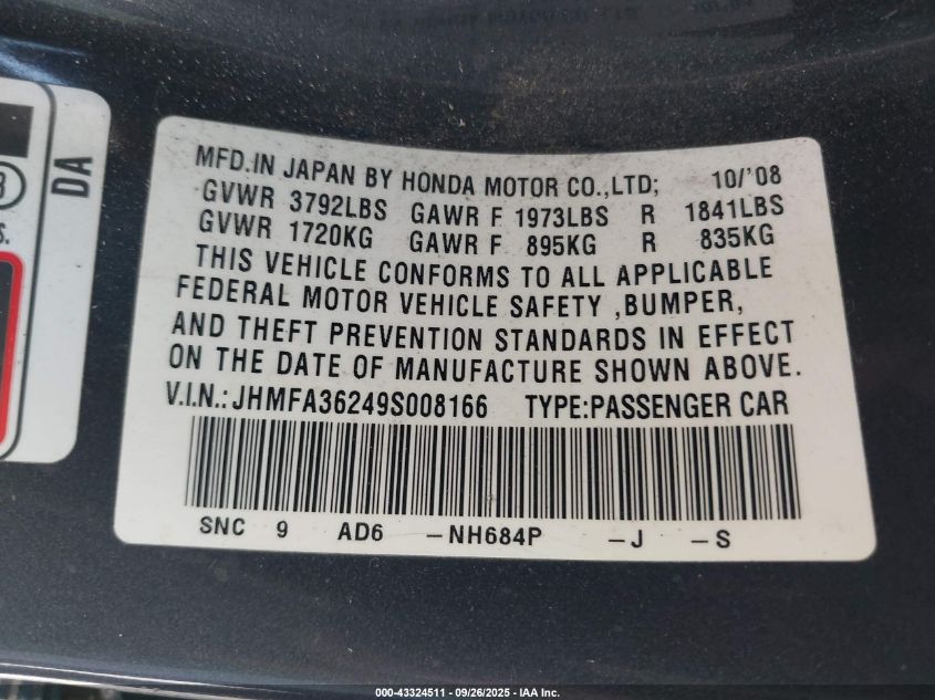 2009 Honda Civic Hybrid VIN: JHMFA36249S008166 Lot: 43324511