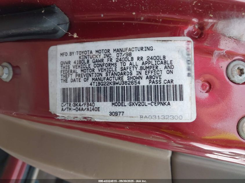 1998 Toyota Camry Le VIN: 4T1BG22K9WU382654 Lot: 43324515