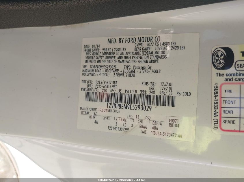 2014 Ford Mustang V6 Premium VIN: 1ZVBP8EM9E5293029 Lot: 43324516