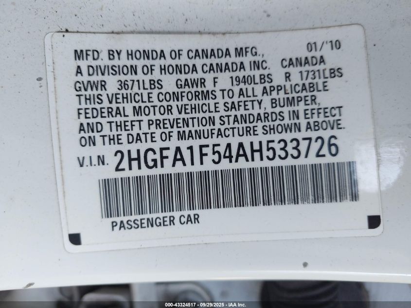 2010 Honda Civic Lx VIN: 2HGFA1F54AH533726 Lot: 43324517