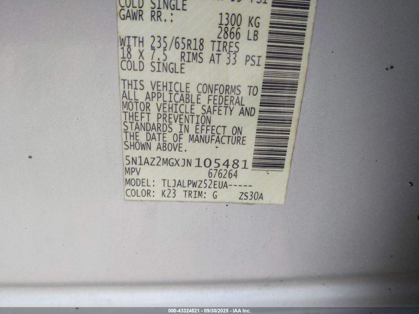 2018 Nissan Murano S VIN: 5N1AZ2MGXJN105481 Lot: 43324521