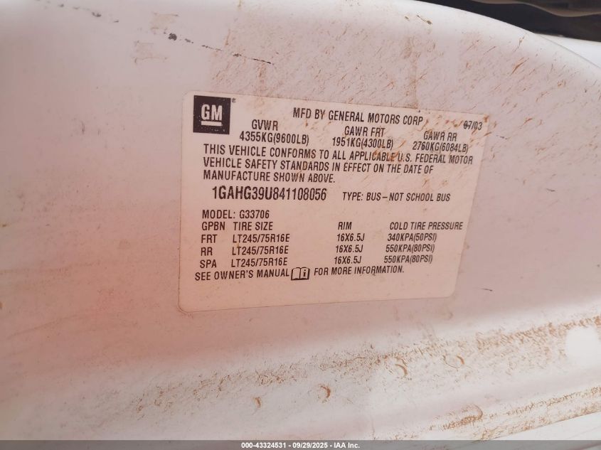 2004 Chevrolet Express VIN: 1GAHG39U841108056 Lot: 43324531