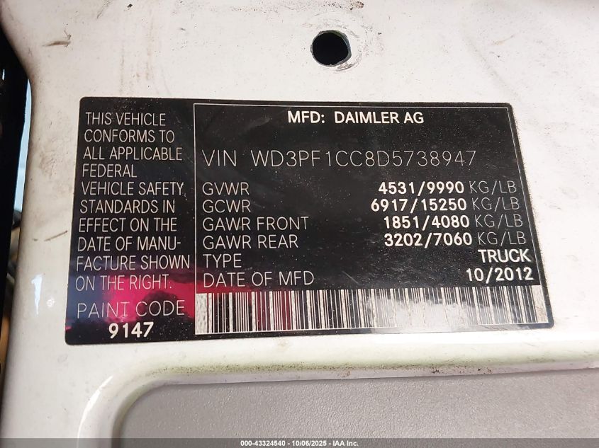 2013 Mercedes-Benz Sprinter 3500 High Roof VIN: WD3PF1CC8D5738947 Lot: 43324540