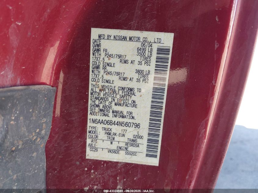 2004 Nissan Titan Xe VIN: 1N6AA06B44N560796 Lot: 43324565