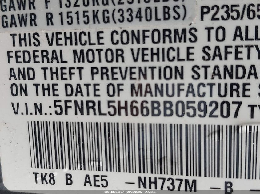 2011 Honda Odyssey Ex-L VIN: 5FNRL5H66BB059207 Lot: 43324567