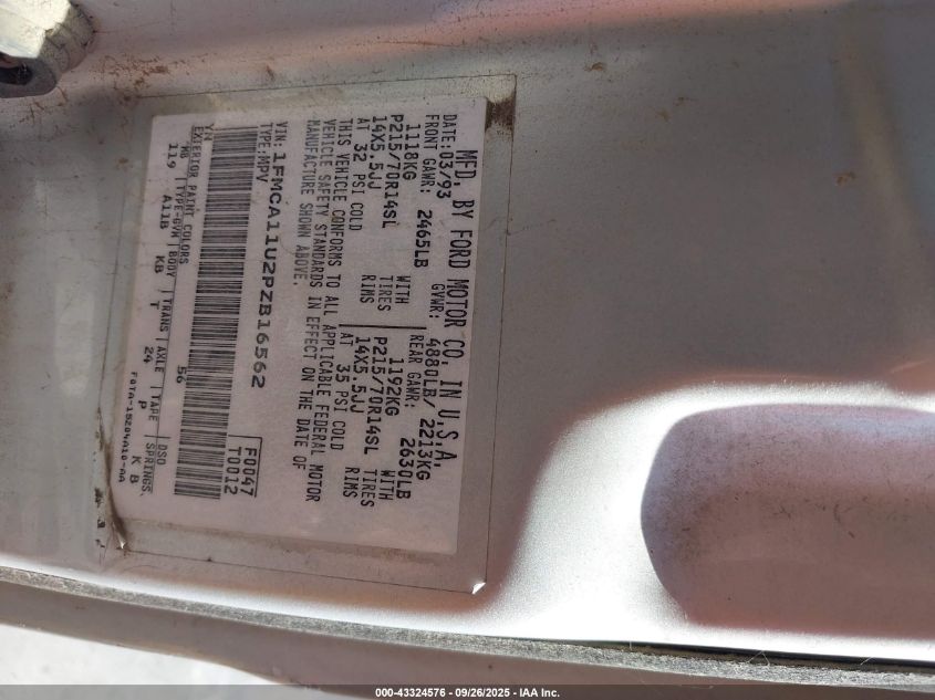 1993 Ford Aerostar VIN: 1FMCA11U2PZB16562 Lot: 43324576