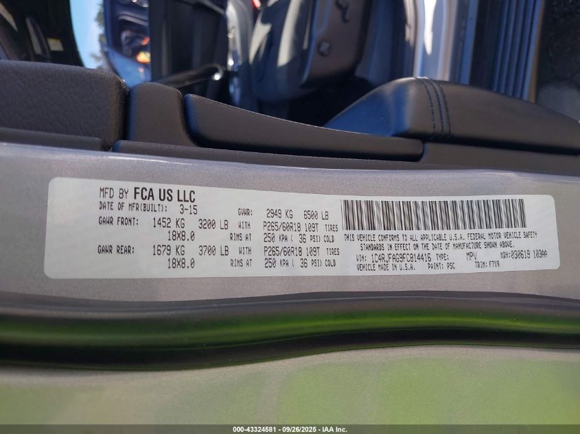 2015 Jeep Grand Cherokee Laredo VIN: 1C4RJFAG9FC814416 Lot: 43324581