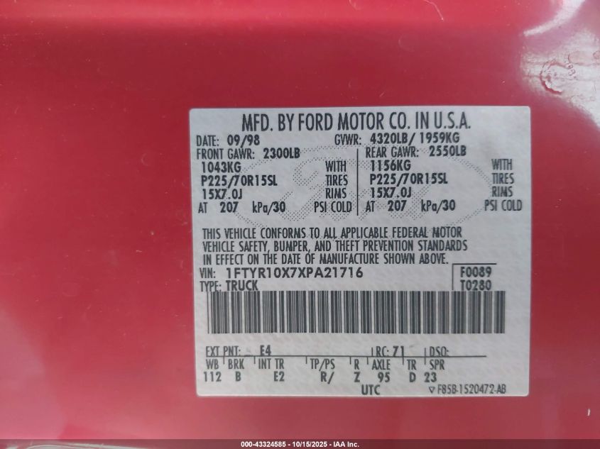 1999 Ford Ranger Xlt VIN: 1FTYR10X7XPA21716 Lot: 43324585