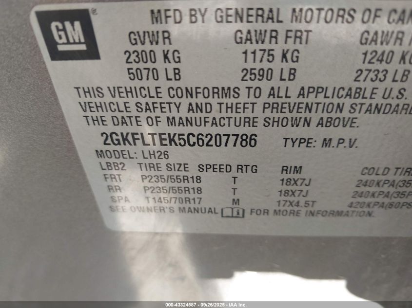 2012 GMC Terrain Sle-2 VIN: 2GKFLTEK5C6207786 Lot: 43324587